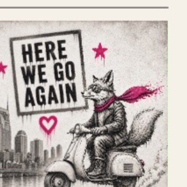 Here We Go Again — song artwork: a fox in a scarf riding a scooter through the city