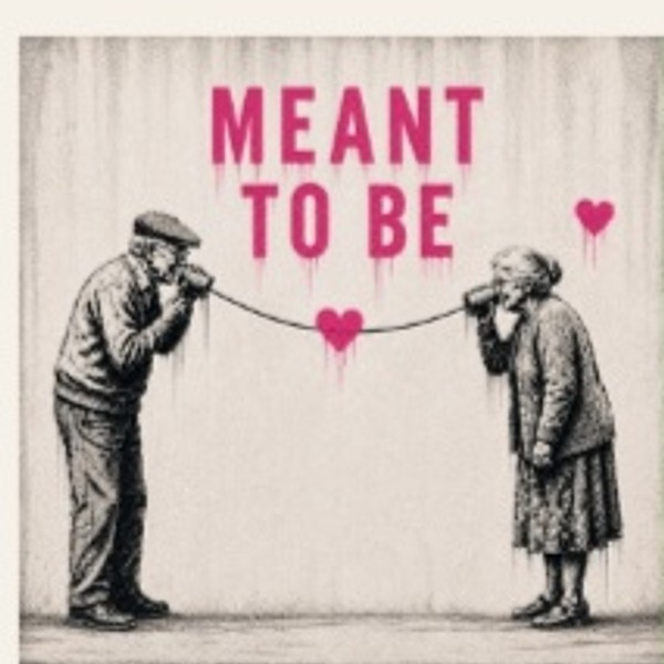 Meant To Be — song artwork: an old man and woman connected by a tin-can telephone string of hearts